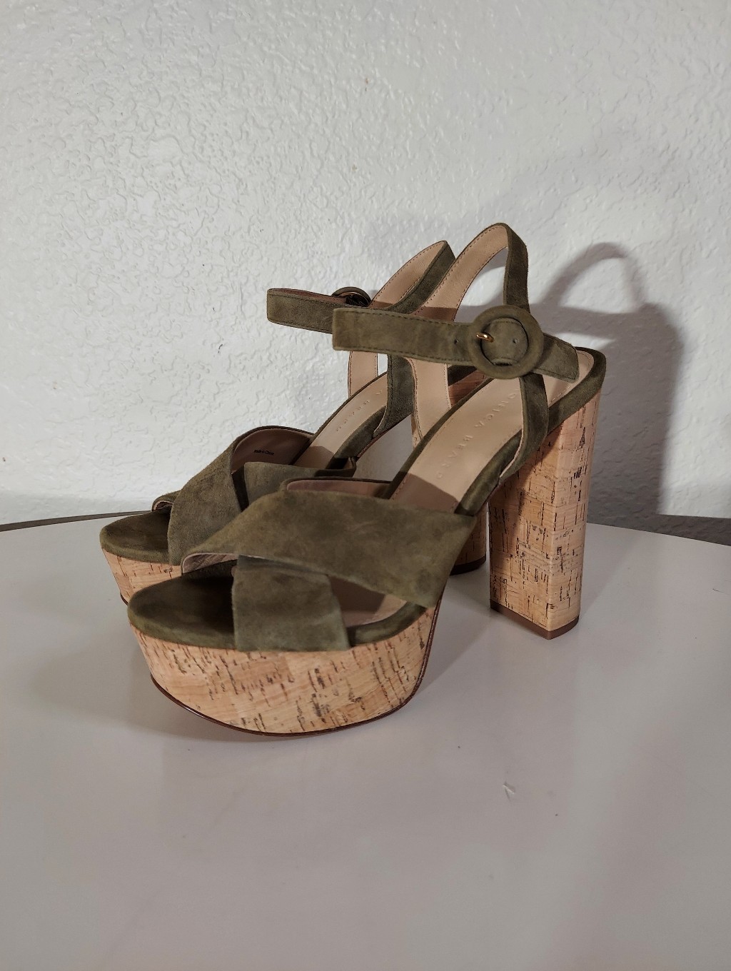 Veronica Beard Lucille Olive Green Suede Cork Platform Sandals Women's Size 7 M
